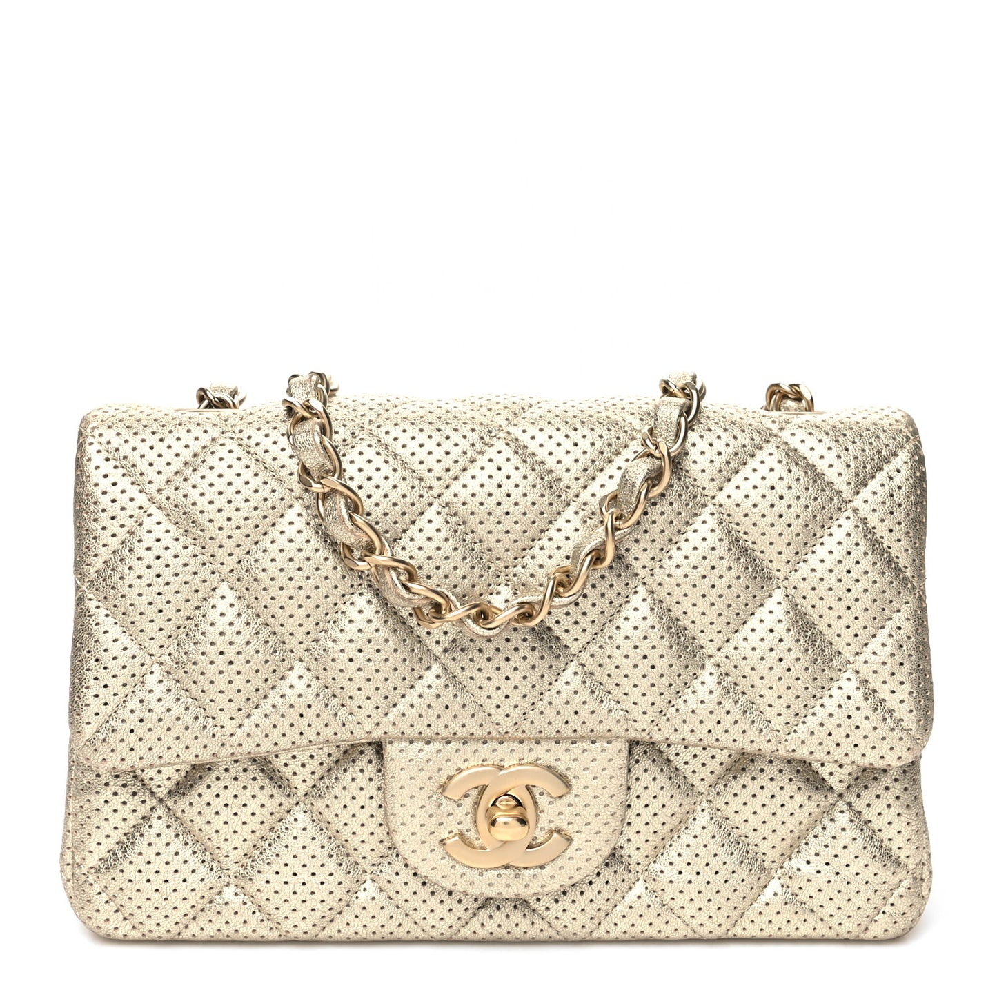 Metallic Lambskin Perforated Mini Rectangular Flap Light Gold