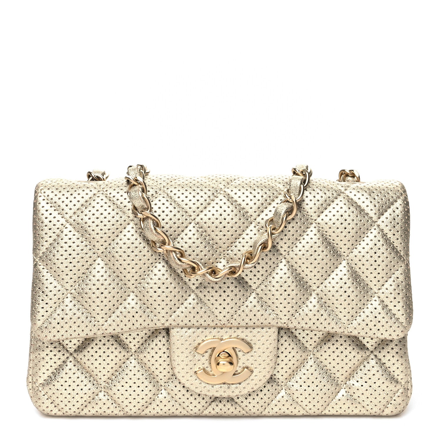 Chanel Metallic Lambskin Perforated Mini Rectangular Flap Light Gold 1 of 10