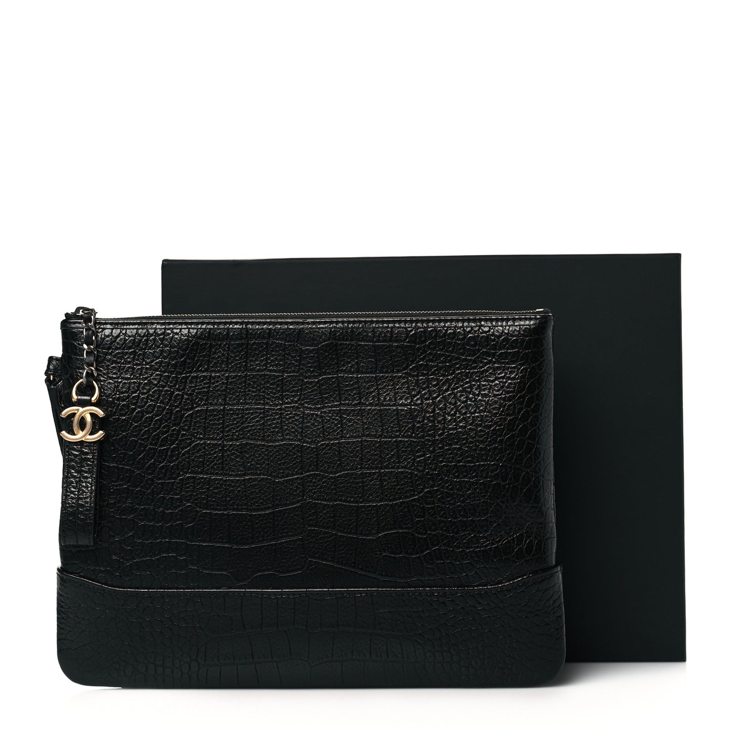 Calfskin Crocodile Embossed Quilted Medium Gabrielle Cosmetic Case Black