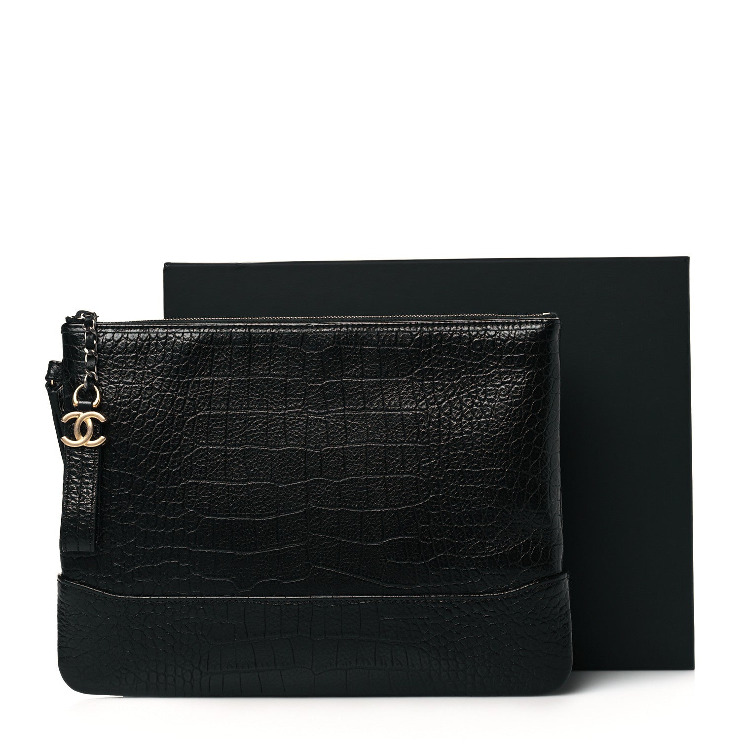Chanel Calfskin Crocodile Embossed Quilted Medium Gabrielle Cosmetic Case Black 11 of 11