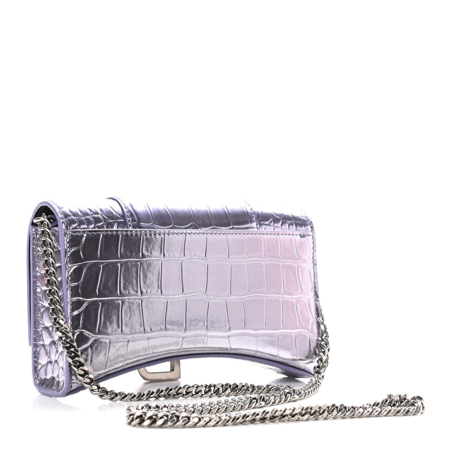 Shiny Metallic Calfskin Crocodile Embossed Hourglass Chain Bag Lilac
