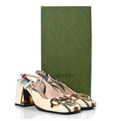 Gucci Canvas 100 Centennial Horsebit 75mm Slingback Pumps 35.5 Beige Multicolor 8 of 8