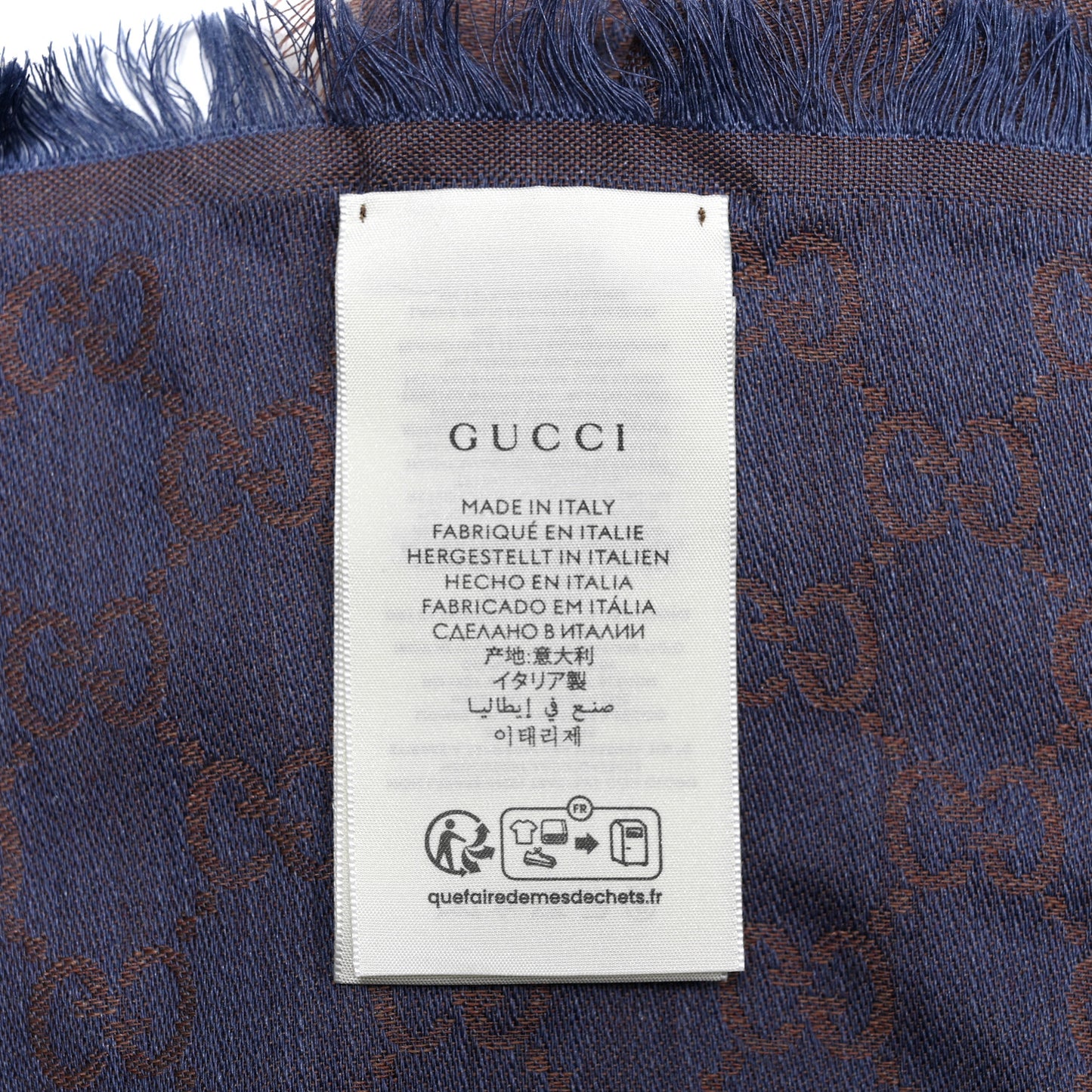 Wool Silk Monogram GGWeb Fringe Shawl Taupe Sky Blue