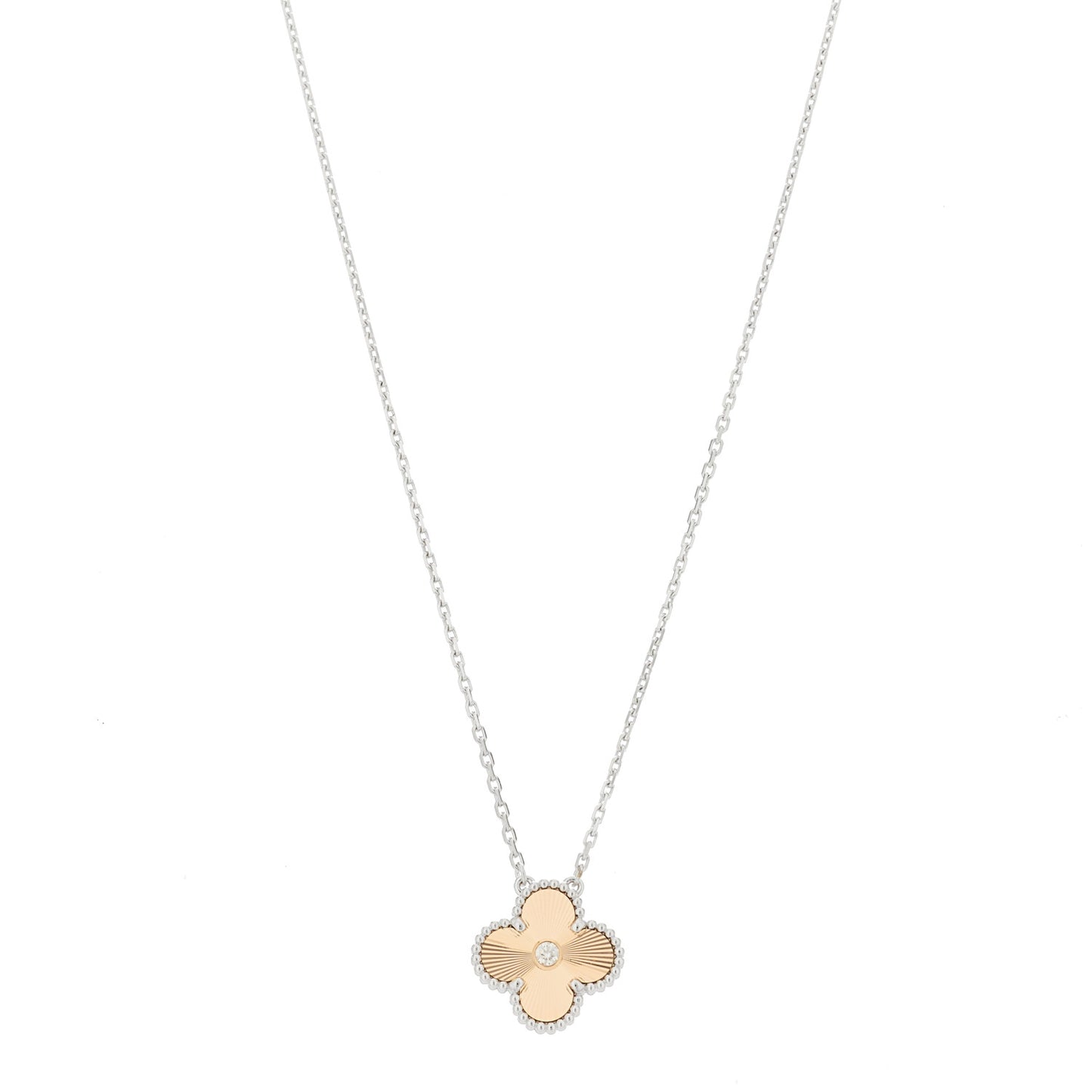 18K White Rose Gold Diamond Guilloche Vintage Alhambra Pendant Necklace
