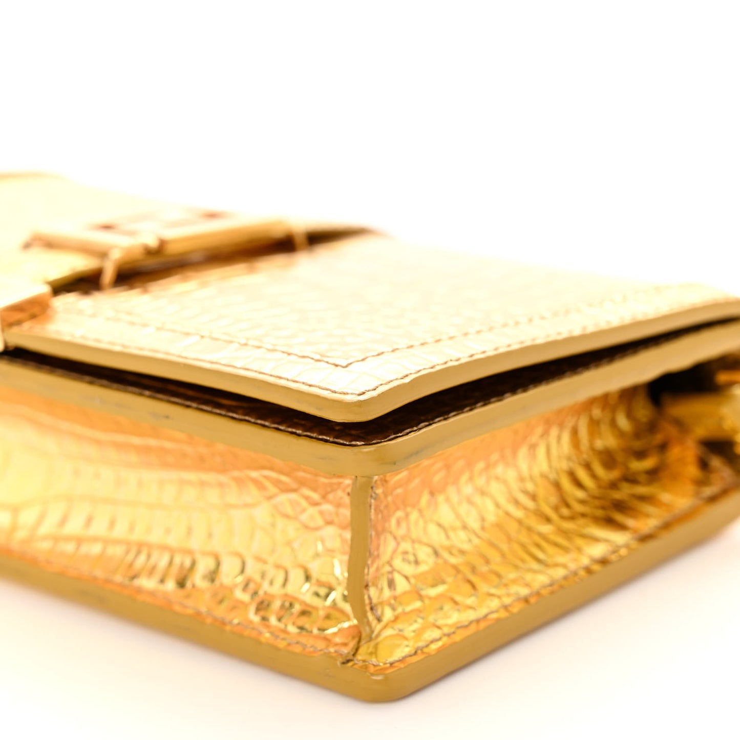 Metallic Crocodile Embossed Calfskin Greca Goddess Wallet On Chain Gold