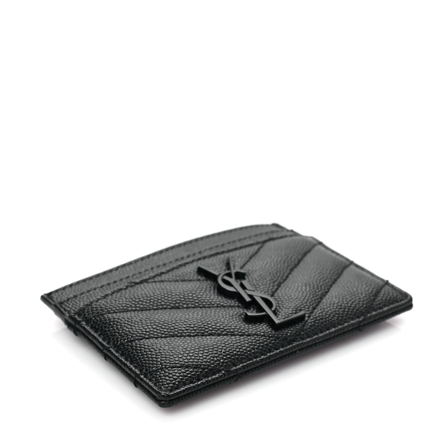 Saint Laurent Grain De Poudre Matelasse Chevron Monochrome Monogram Credit Card Case Black 4 of 8