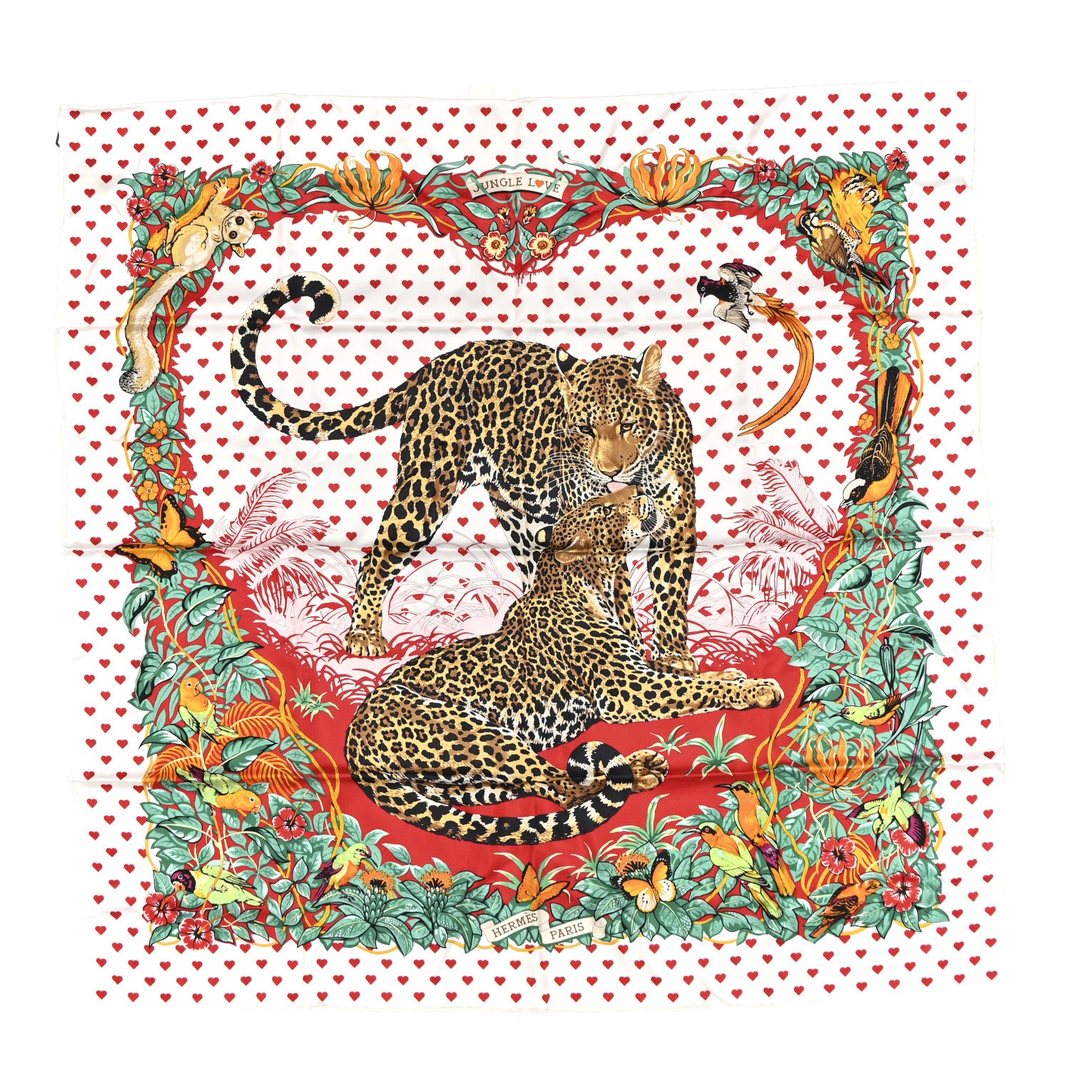 Hermes Silk Jungle Love Scarf 90 White Rouge Vert 1 of 3