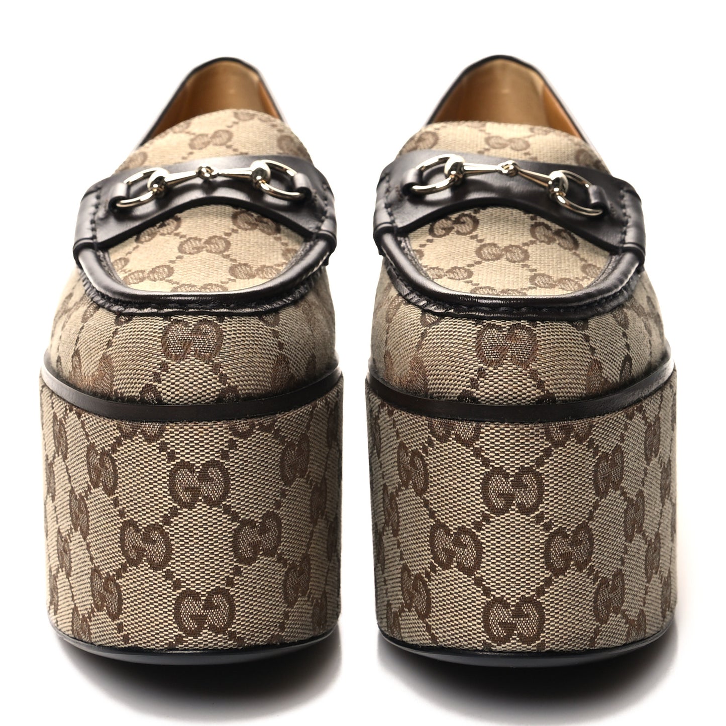 Canvas GG Monogram Horsebit Calfskin Womens Horsebit Platform Loafers 40 Beige Ebony