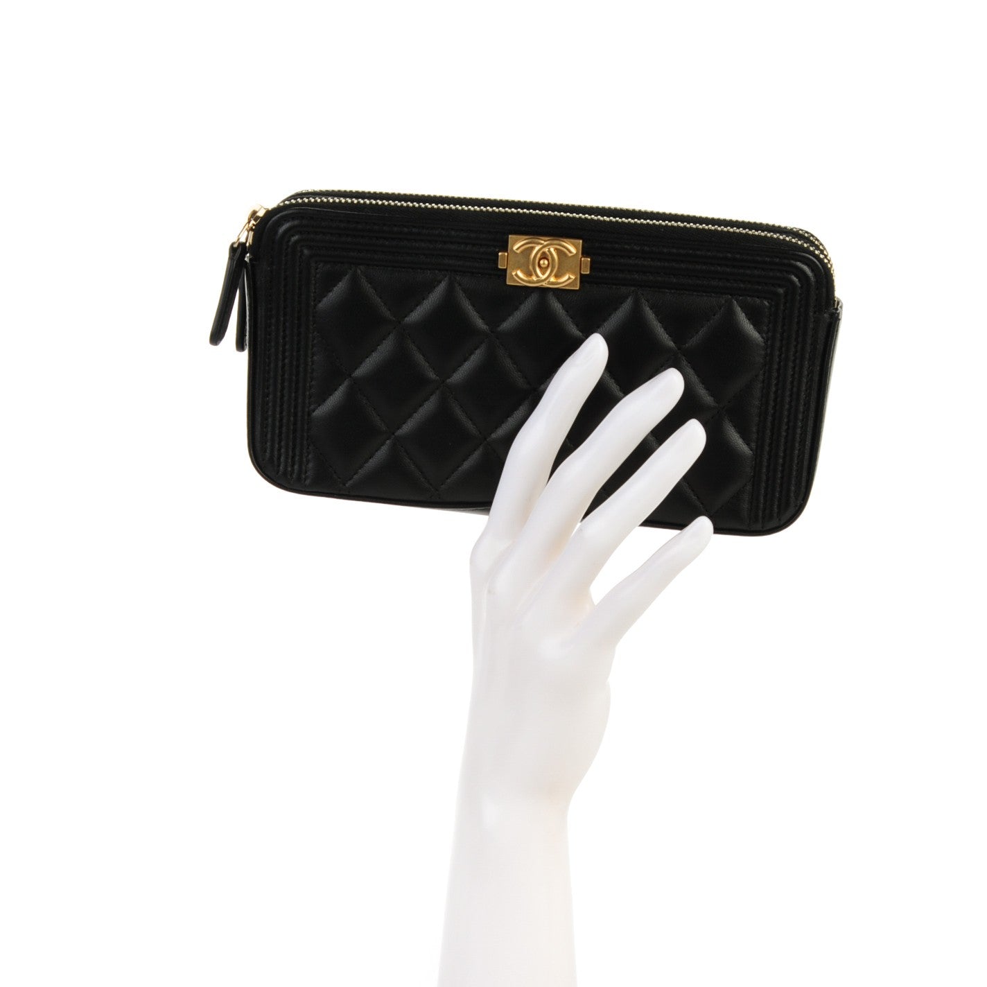 Lambskin Quilted Small Boy Clutch With Chain Black