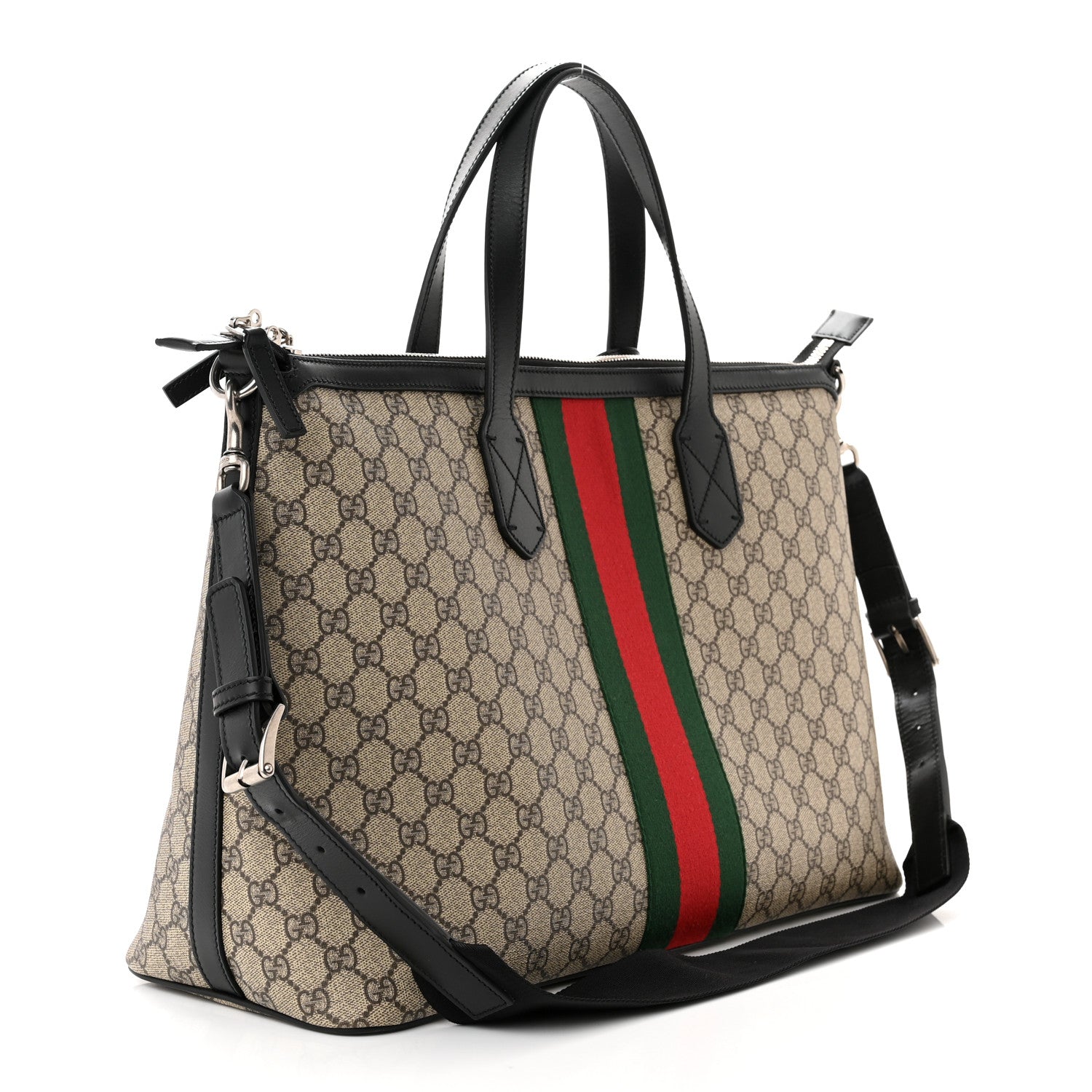Gucci GG Supreme Monogram Web Medium Zippered Tote Beige Black 3 of 10