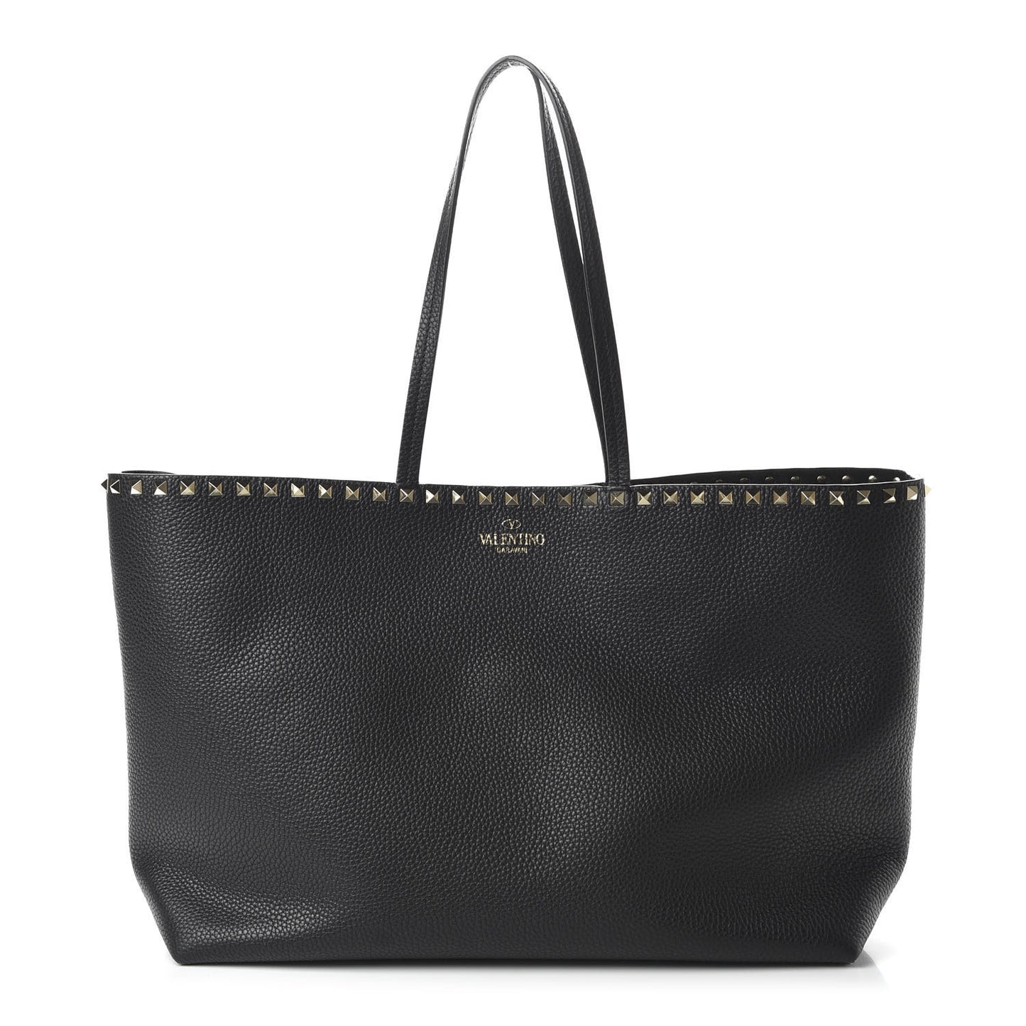 Grained Calfskin Rockstud Shoulder Tote Black