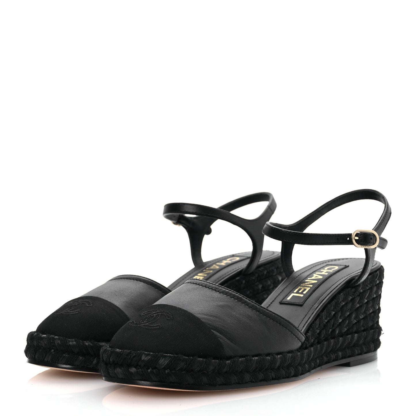 Lambskin Grosgrain CC Espadrilles Wedges 38 Black
