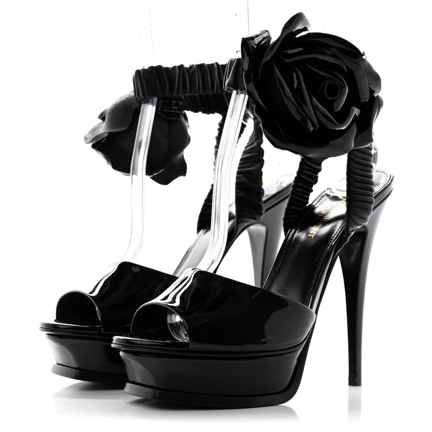 Saint Laurent Patent Flower Ankle Strap Platform Pumps 38 Black 3 of 11