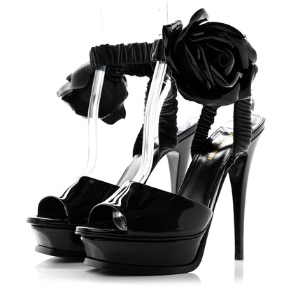 Saint Laurent Patent Flower Ankle Strap Platform Pumps 38 Black 3 of 11