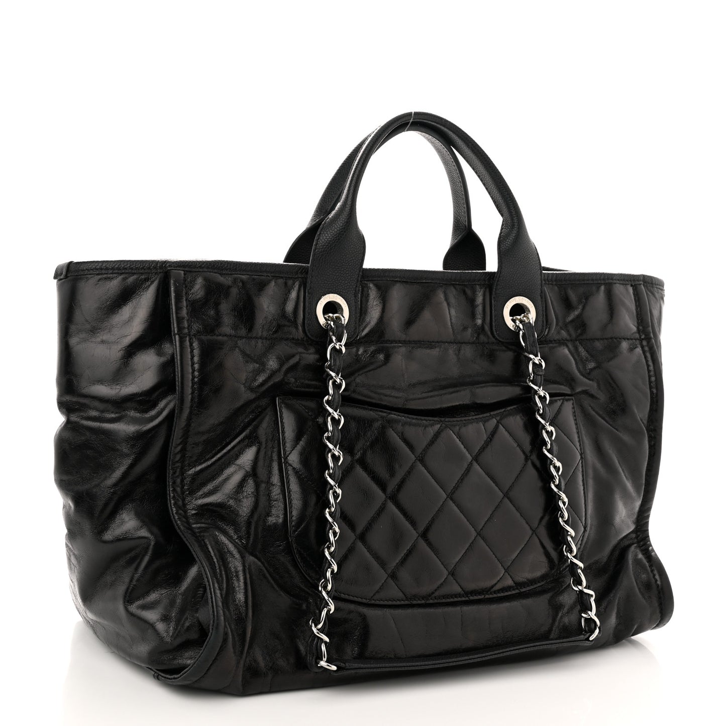 Glazed Calfskin Medium Deauville Tote Black