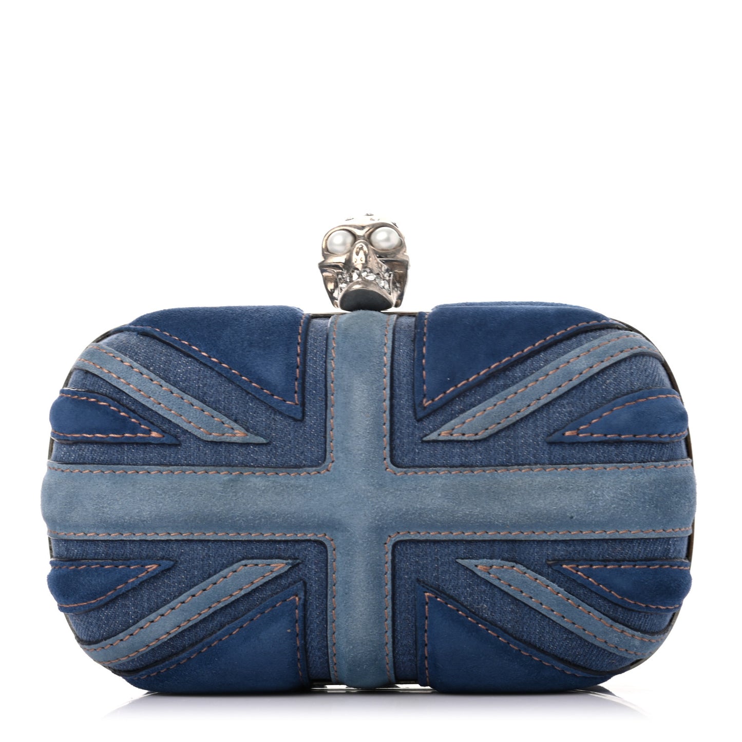 Suede Denim Britannia Skull Box Clutch Blue