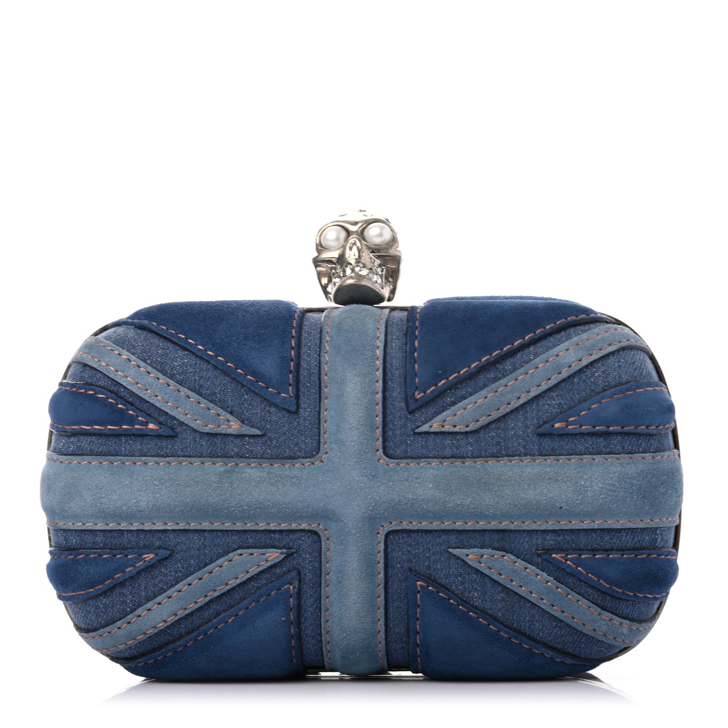 Alexander McQueen Suede Denim Britannia Skull Box Clutch Blue 1 of 7