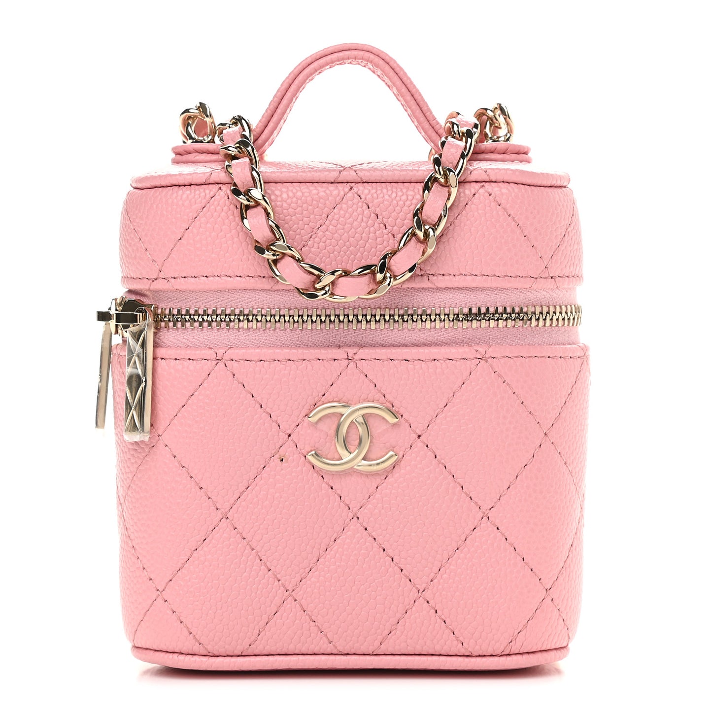 Caviar Quilted Small Handle With Care Vanity Case With Chain Pink