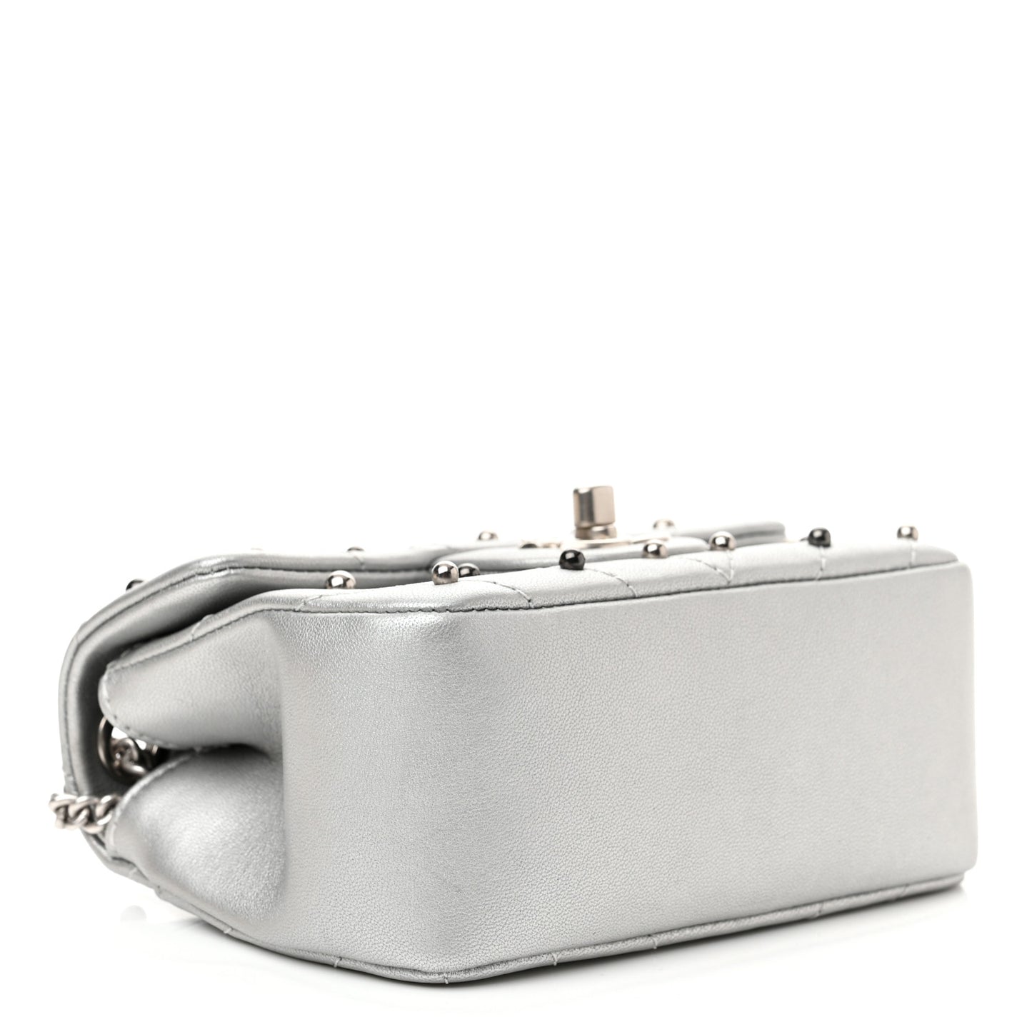 Metallic Lambskin Chevron Quilted Studded Extra Mini Flap Silver