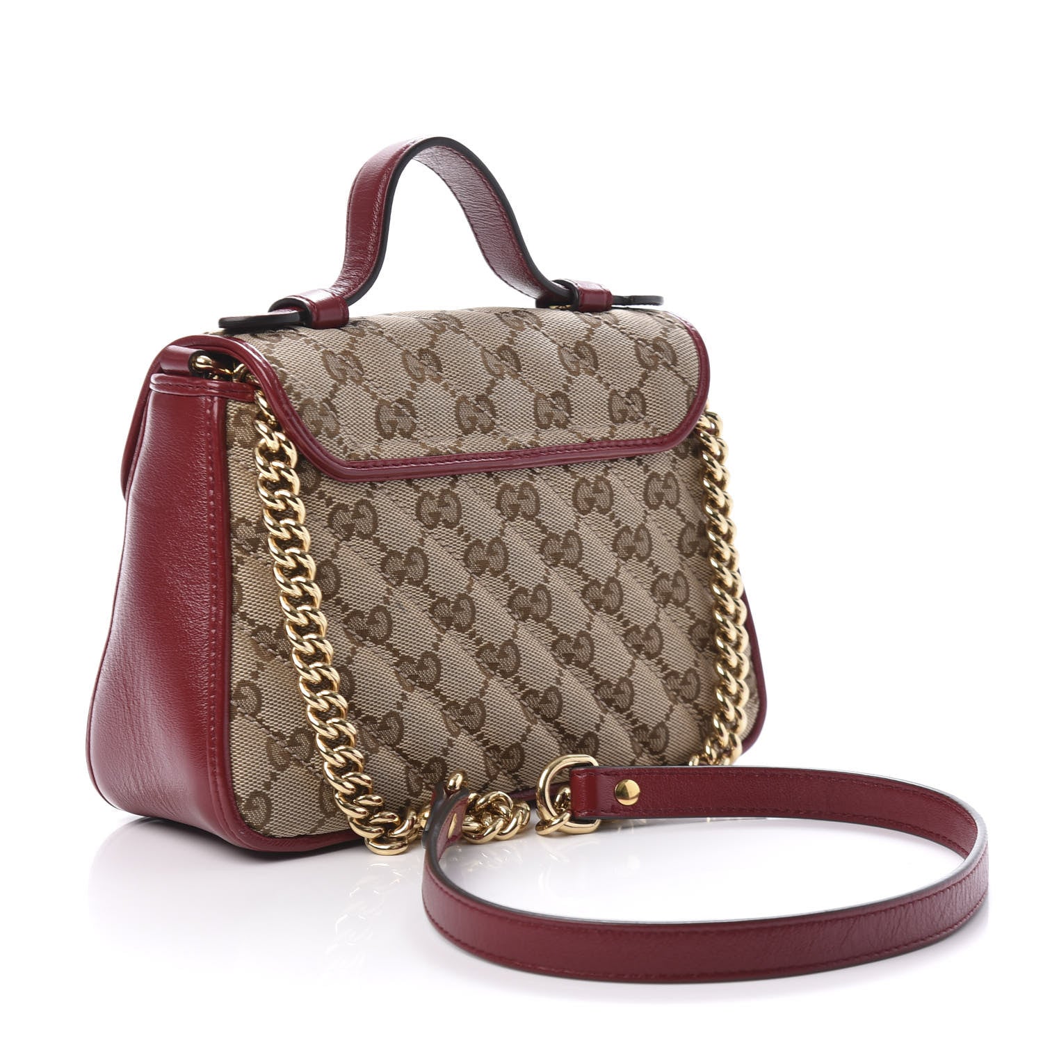 Gucci Monogram Glazed Calfskin Matelasse Diagonal Mini GG Marmont Top Handle Shoulder Bag Beige Ebony New Cherry Red 3 of 10