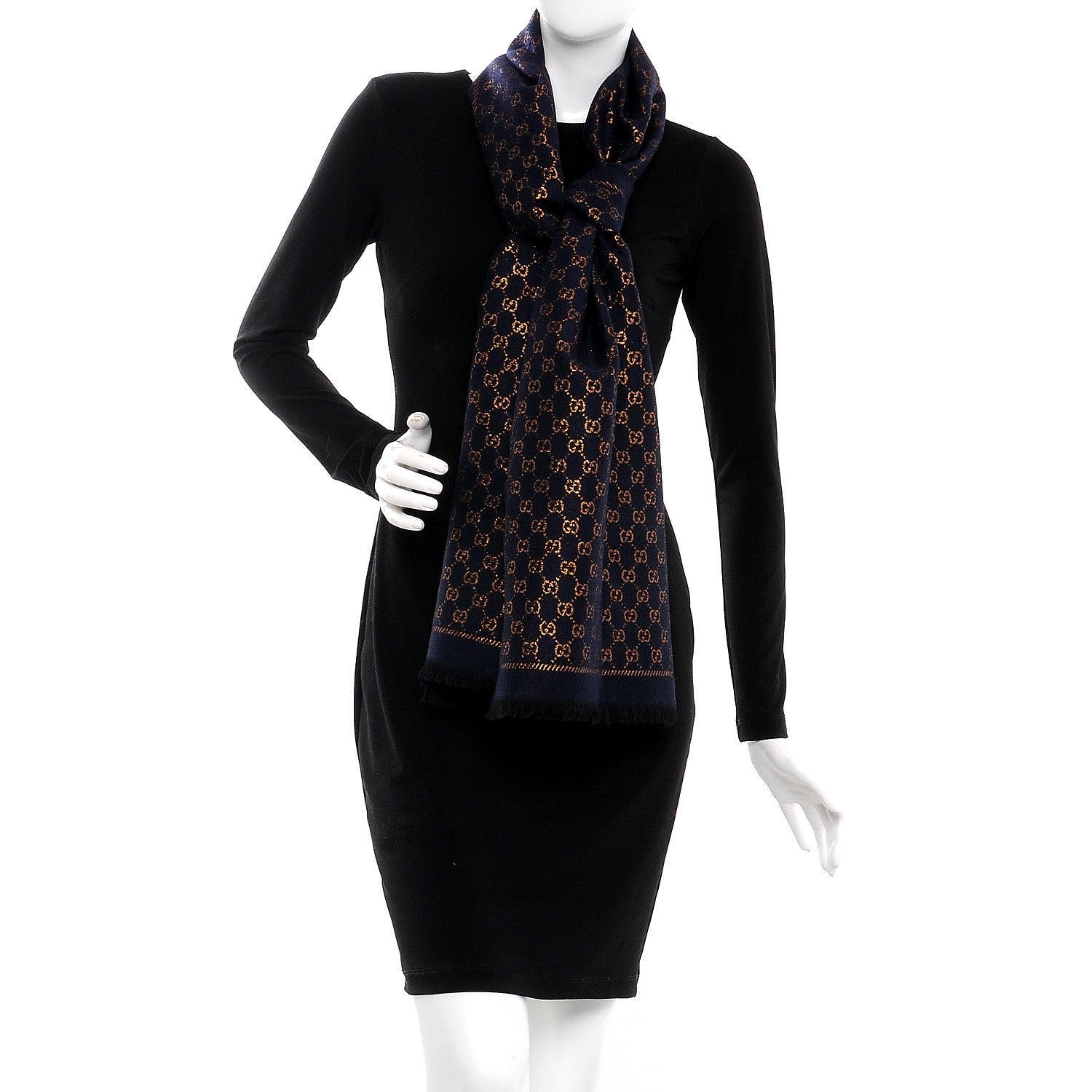 Gucci Wool Silk Jacquard GG Monogram Stenix Scarf Navy Yellow 2 of 4