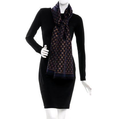 Gucci Wool Silk Jacquard GG Monogram Stenix Scarf Navy Yellow 2 of 4