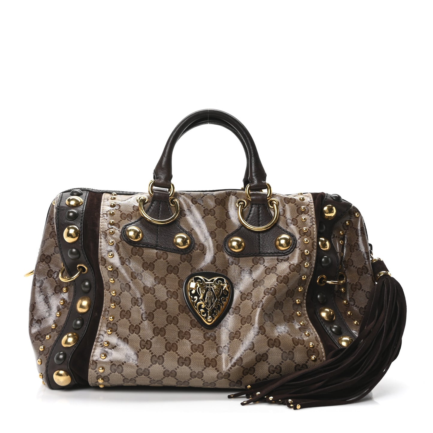 Crystal Monogram Studded Large Babouska Boston Dark Brown