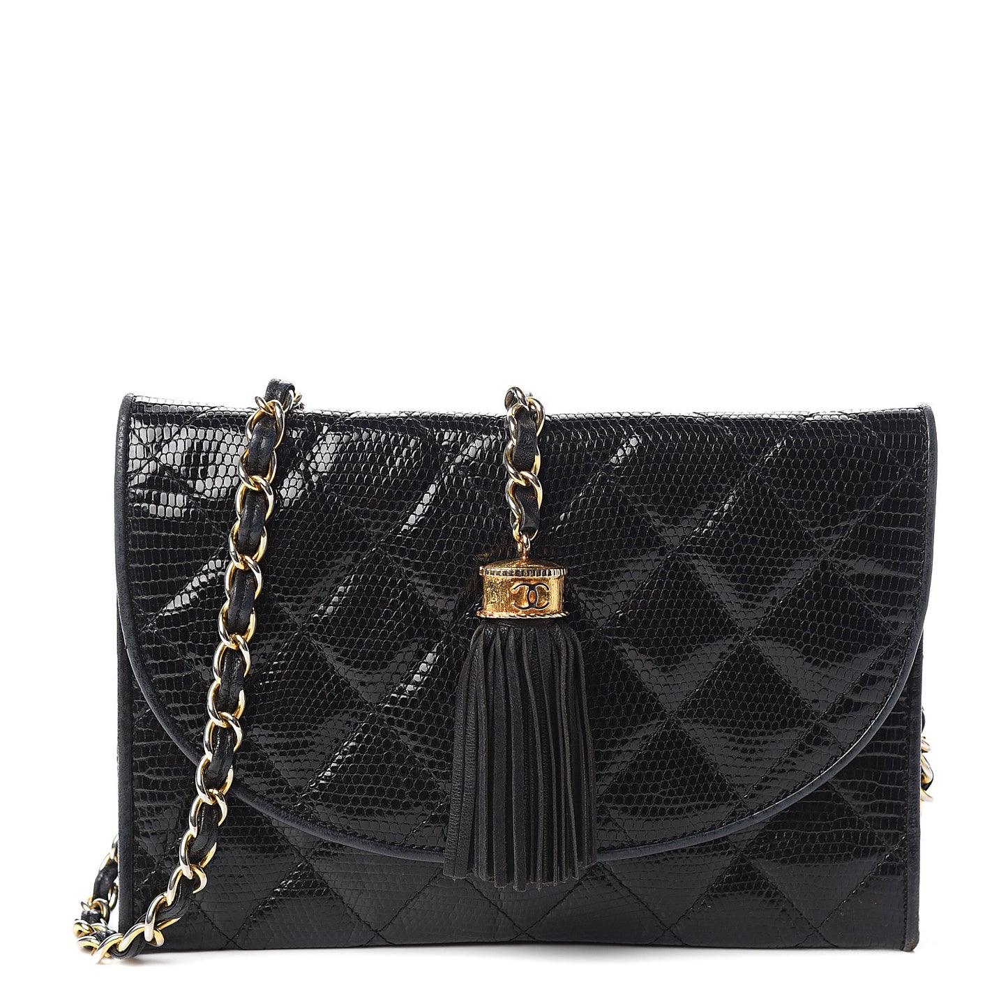 Lizard Quilted Tassel Single Flap Bag Black