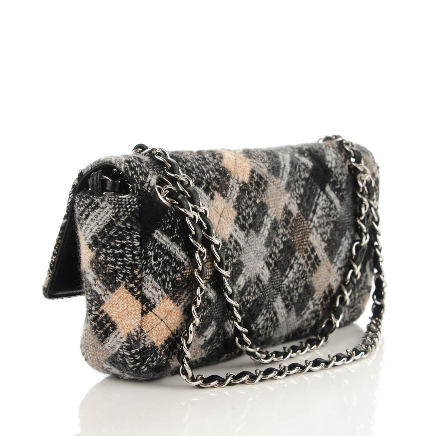 Woven Tweed Medium Single Flap Black Grey