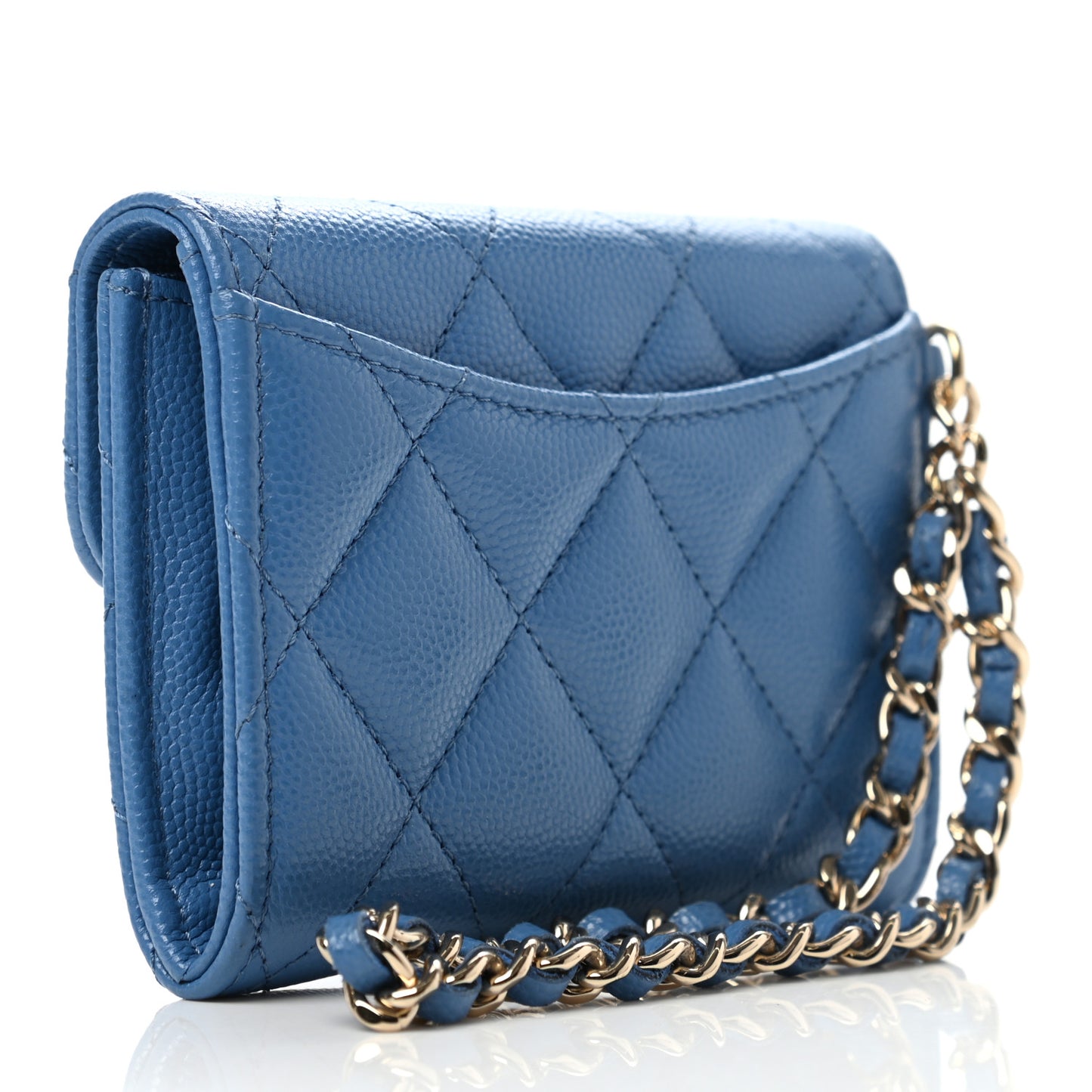 Caviar Quilted Flap Card Holder Chain Wristlet Blue
