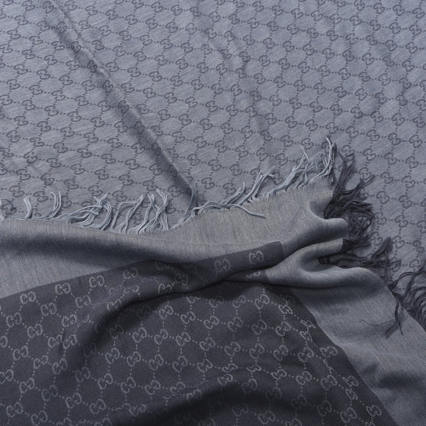 Cotton Silk Monogram Fringe Scarf Blue