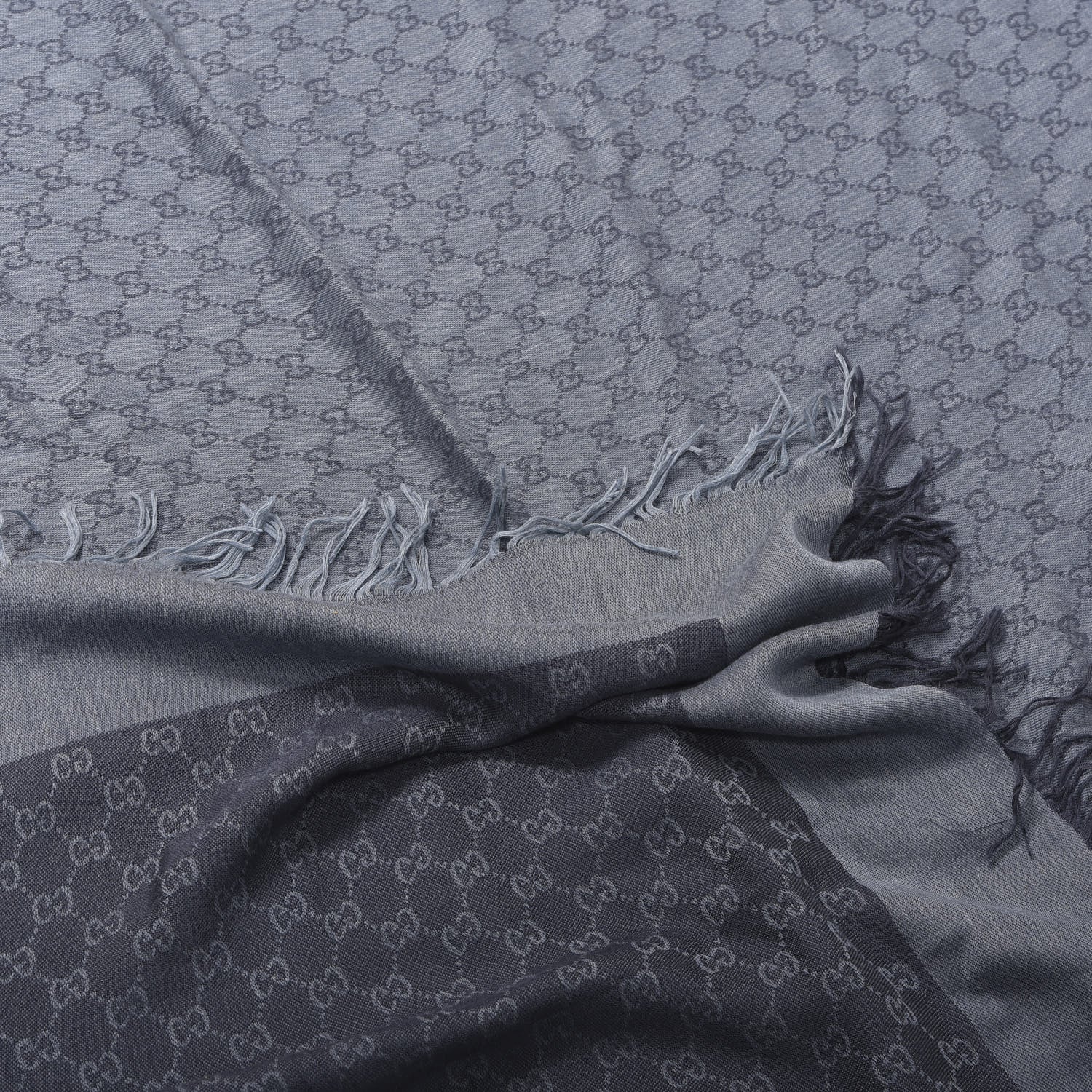 Gucci Cotton Silk Monogram Fringe Scarf Blue 3 of 4