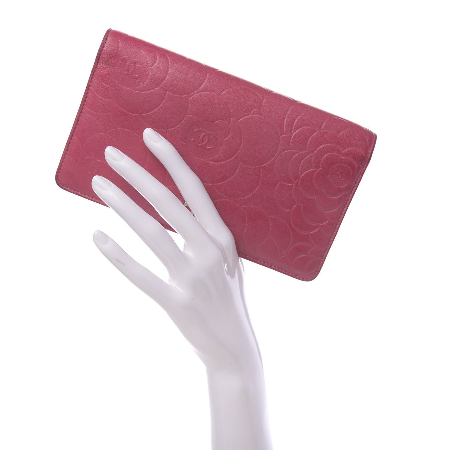 Lambskin Camellia Embossed Yen Wallet Fuchsia