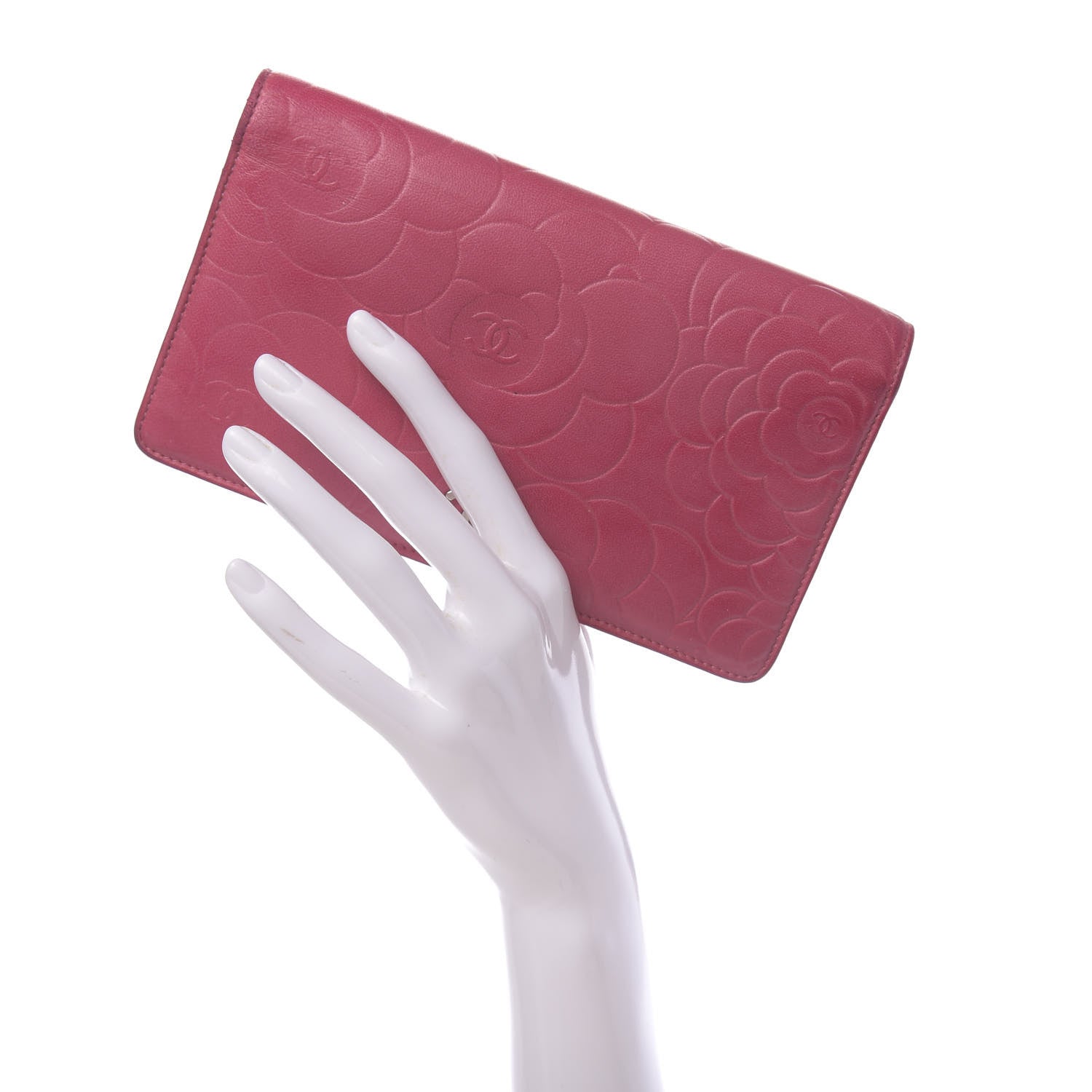 Chanel Lambskin Camellia Embossed Yen Wallet Fuchsia 2 of 12