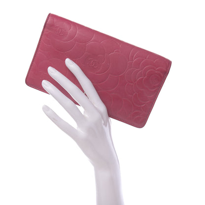 Chanel Lambskin Camellia Embossed Yen Wallet Fuchsia 2 of 12