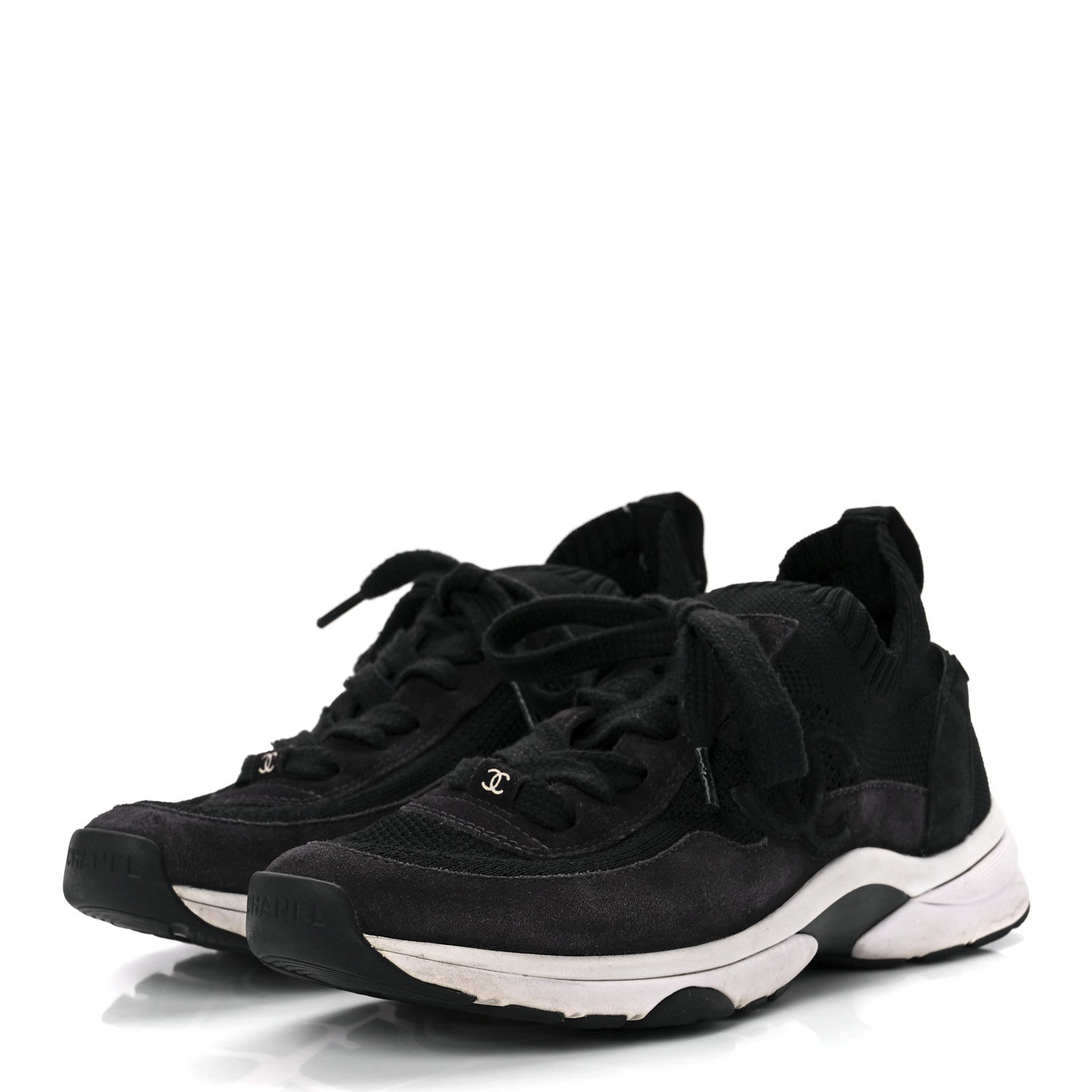 Chanel Mesh Suede Fabric Womens CC Sneakers 38 Grey White Black 3 of 9