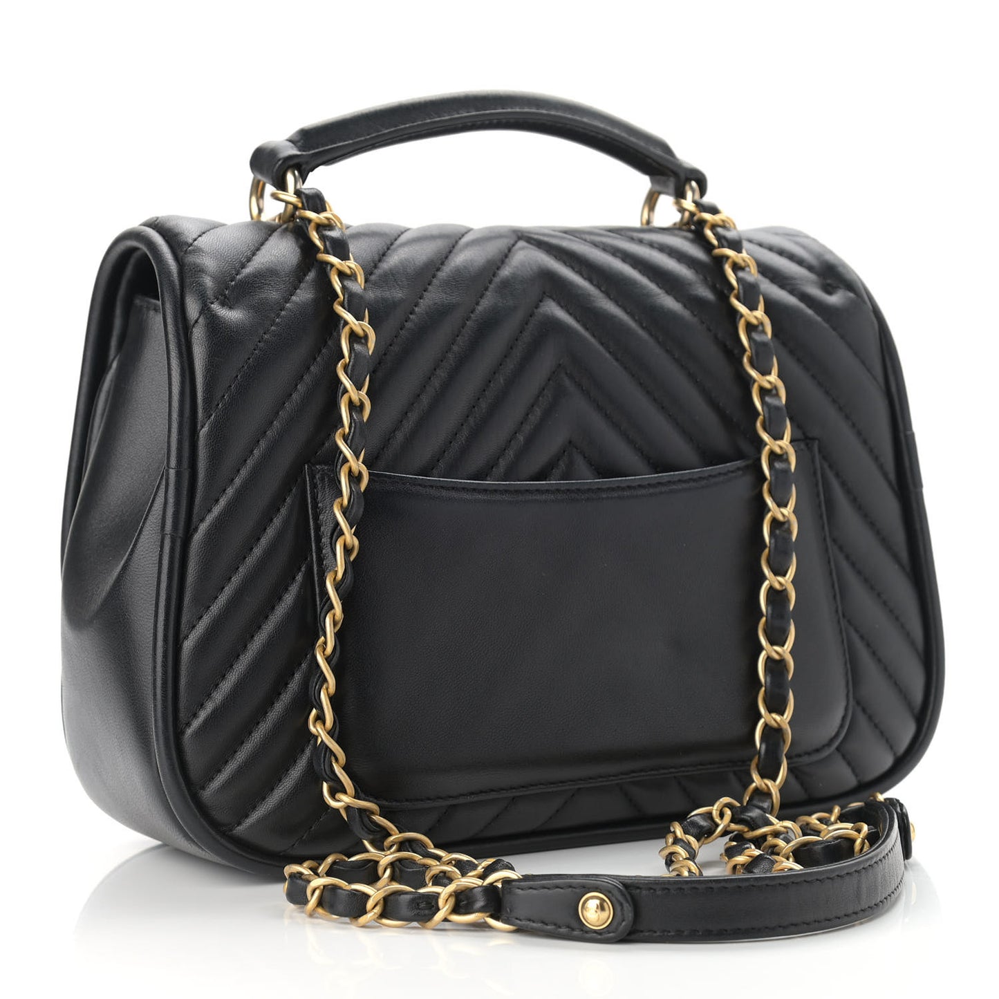 Lambskin Reverse Chevron Quilted Round Top Handle Flap Black