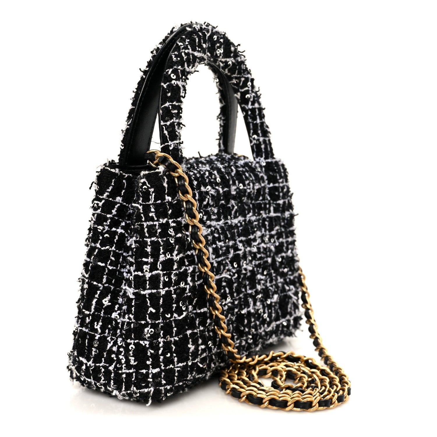 Chanel Tweed Quilted Nano Kelly Shopper Black White 1824733