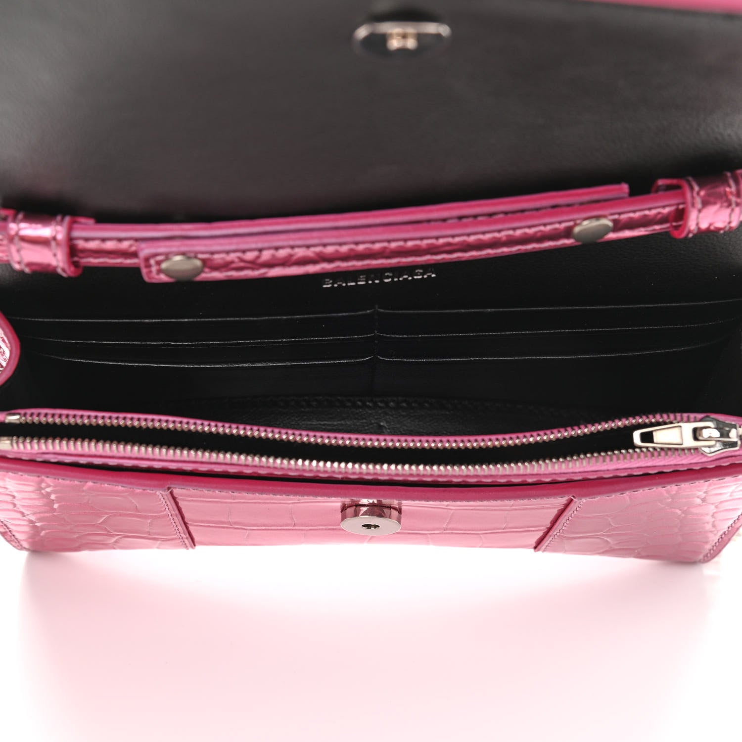 Balenciaga Metallic Shiny Calfskin Crocodile Embossed Hourglass Chain Bag Pink 5 of 9