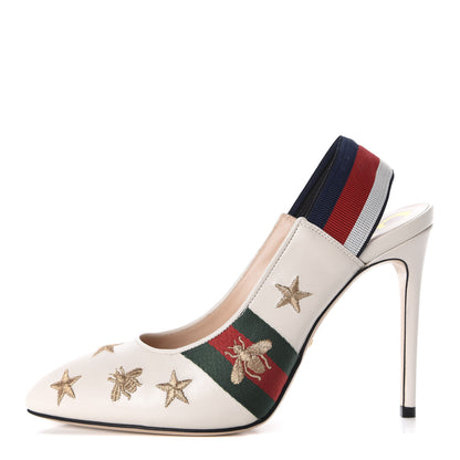 Gucci Malaga Kid Web Bee Star Embroidered Sylvie High Heel Slingback Pumps 39.5 White 1 of 10