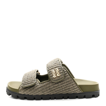 Miu Miu Raffia Logo Slide Sandals 38.5 Militare 1 of 10