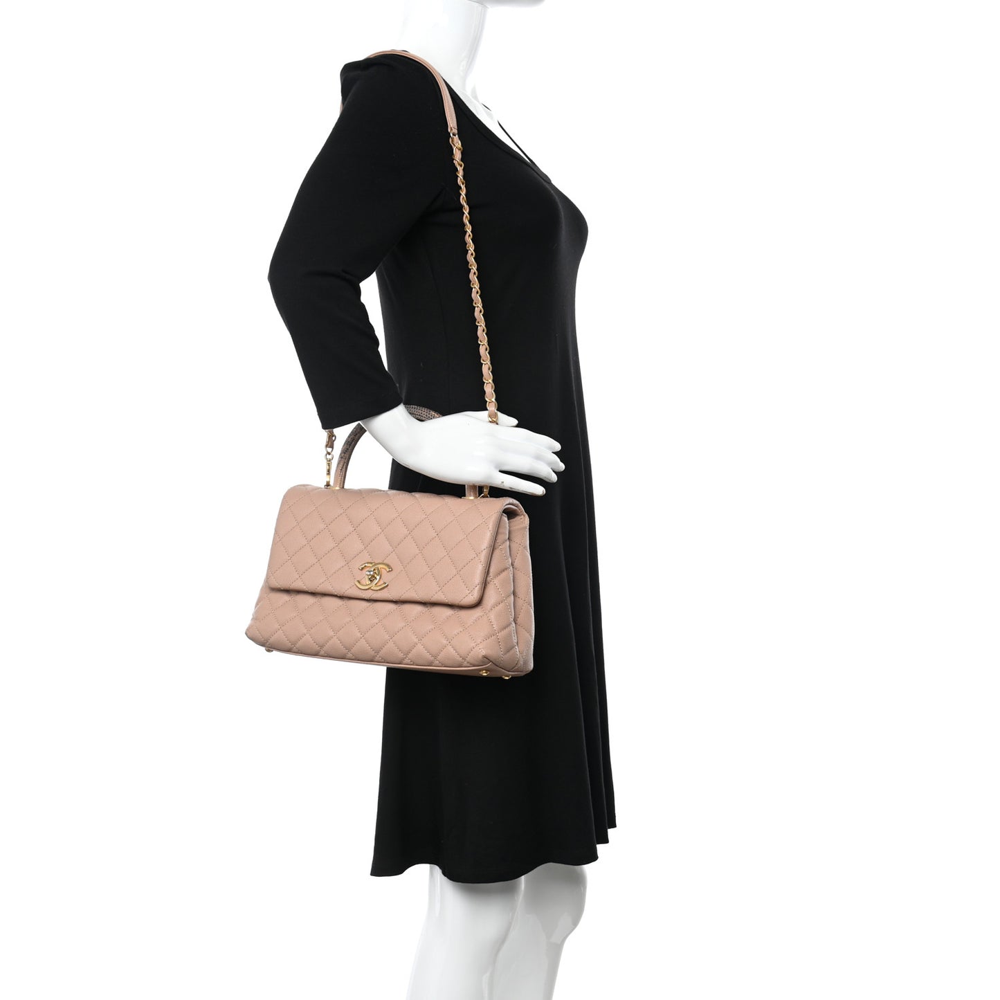 Caviar Lizard Embossed Quilted Small Coco Handle Flap Beige