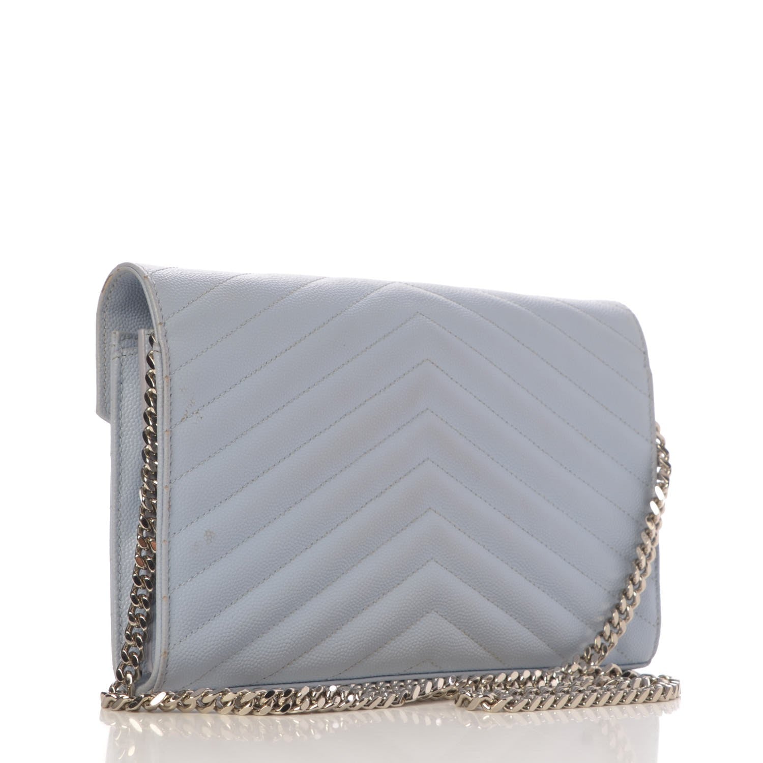 Saint Laurent Grain De Poudre Matelasse Monogram Chain Wallet Sky Blue 3 of 16