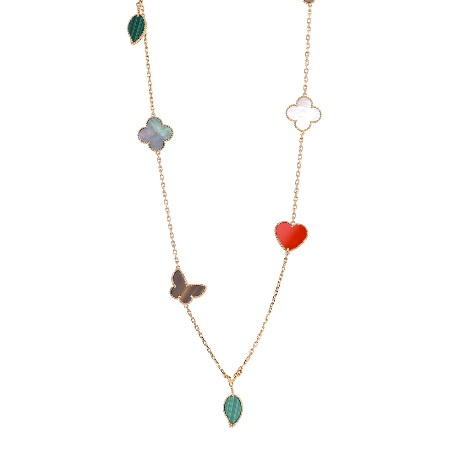 18K Yellow Gold Mother of Pearl Malachite Carnelian Tiger Eye 12 Motif Lucky Alhambra Necklace