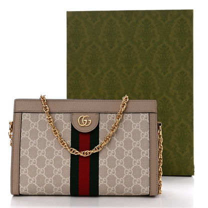 Gucci GG Supreme Monogram Textured Dollar Calfskin Web Small Ophidia Chain Shoulder Bag Beige Mystic White Oatmeal 3 of 11