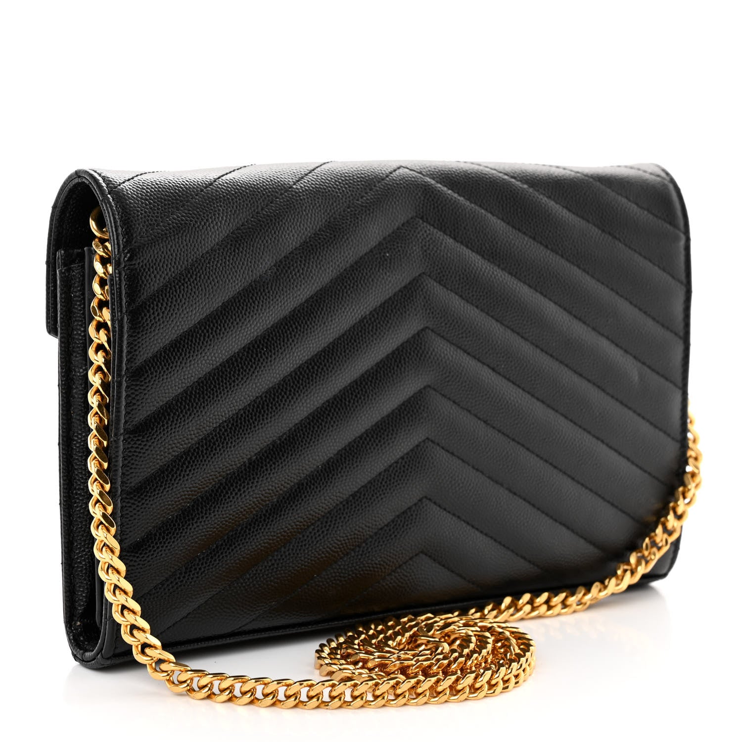 Saint Laurent Grain De Poudre Matelasse Chevron Monogram Chain Wallet Black 3 of 9