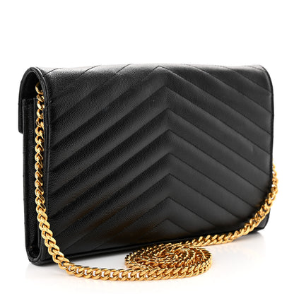 Saint Laurent Grain De Poudre Matelasse Chevron Monogram Chain Wallet Black 3 of 9