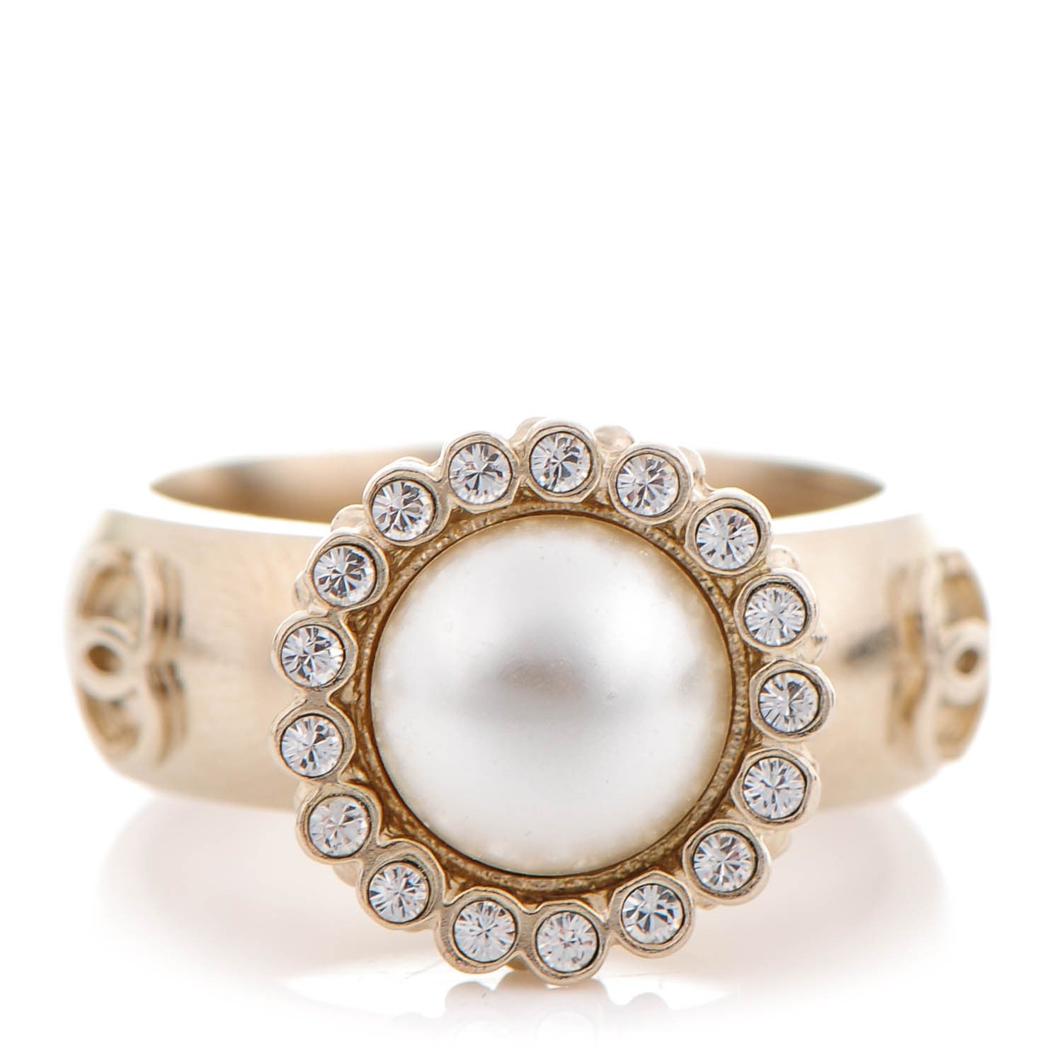 Chanel Pearl Crystal CC Ring 52 6 Gold Pearly White 1 of 5