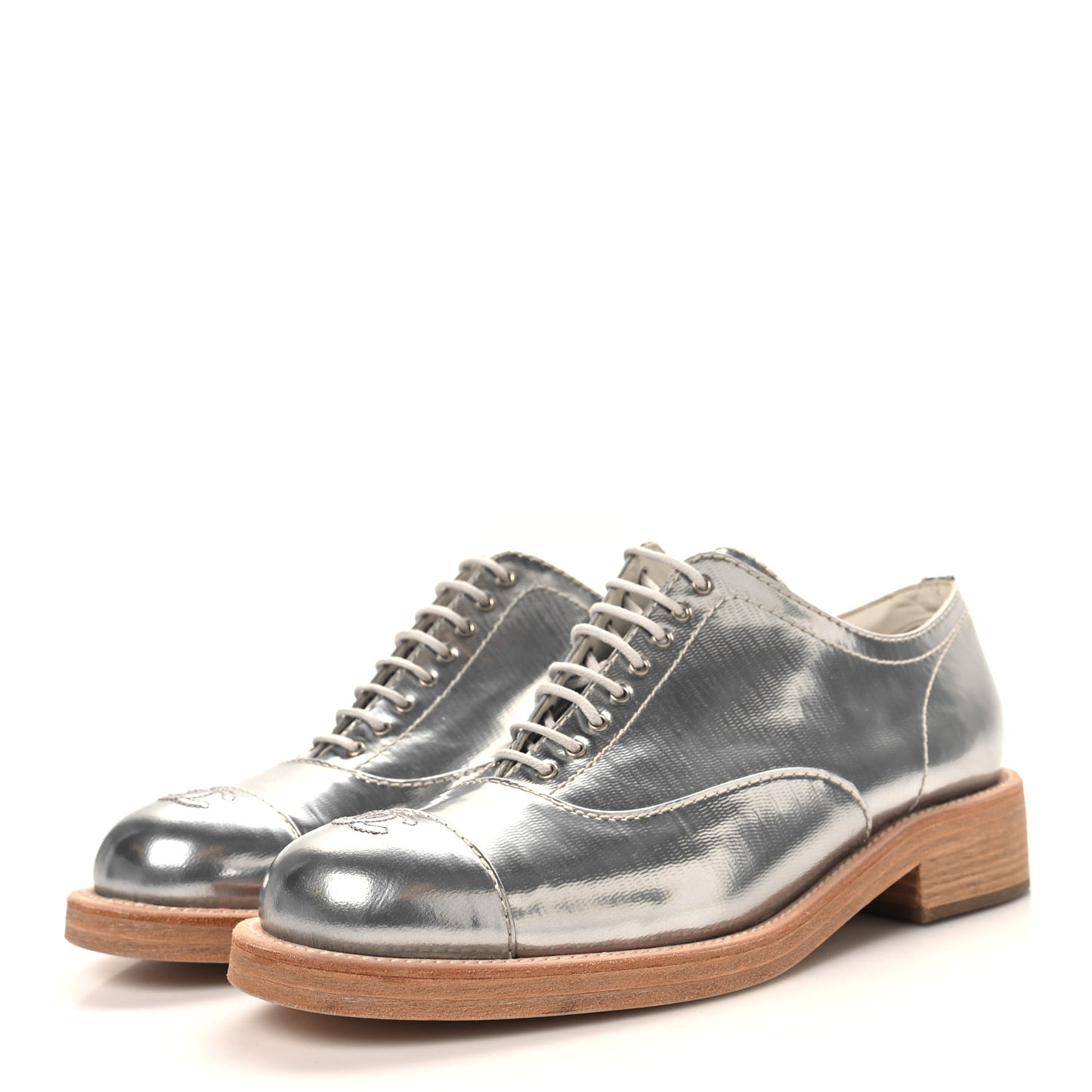 Metallic Fantasy Calfskin PVC Lace Up Loafers 41.5 Silver