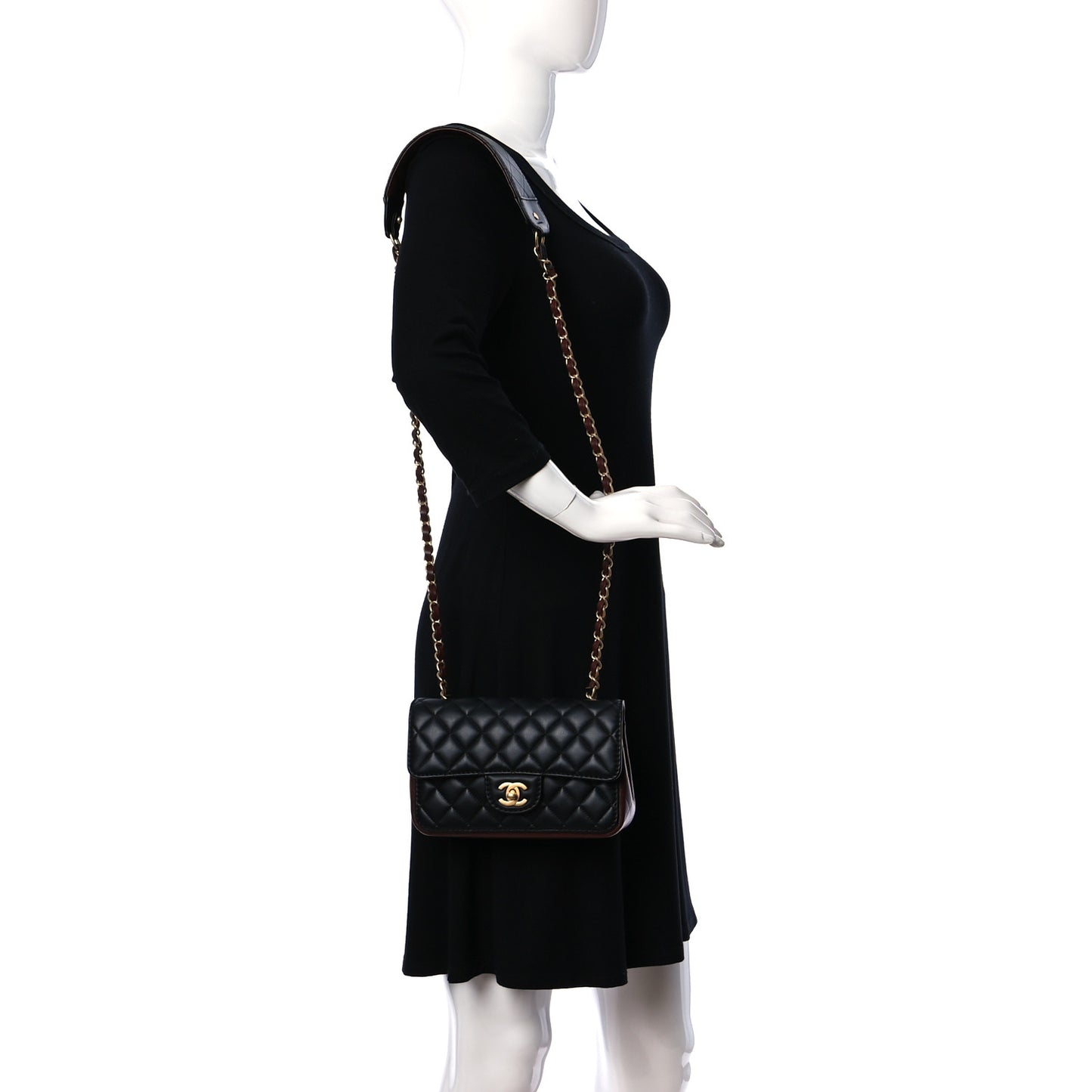 Calfskin Quilted Small Strap Into Flap Bag Black Brown